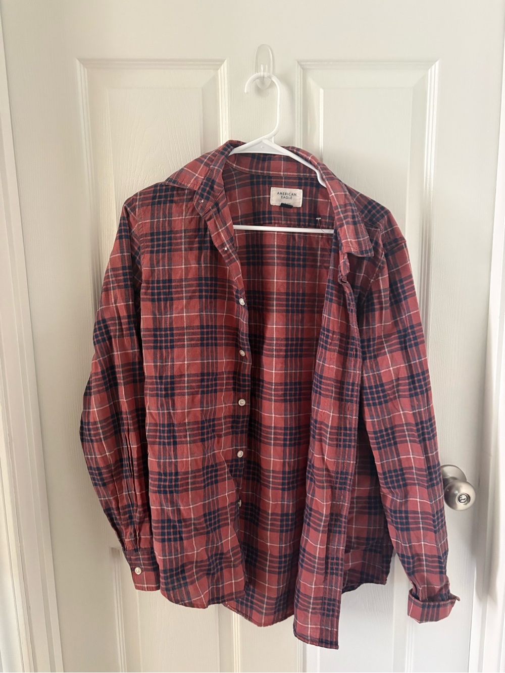 American Eagle Outfitters Red and Navy Plaid Button-Down Shirt - women